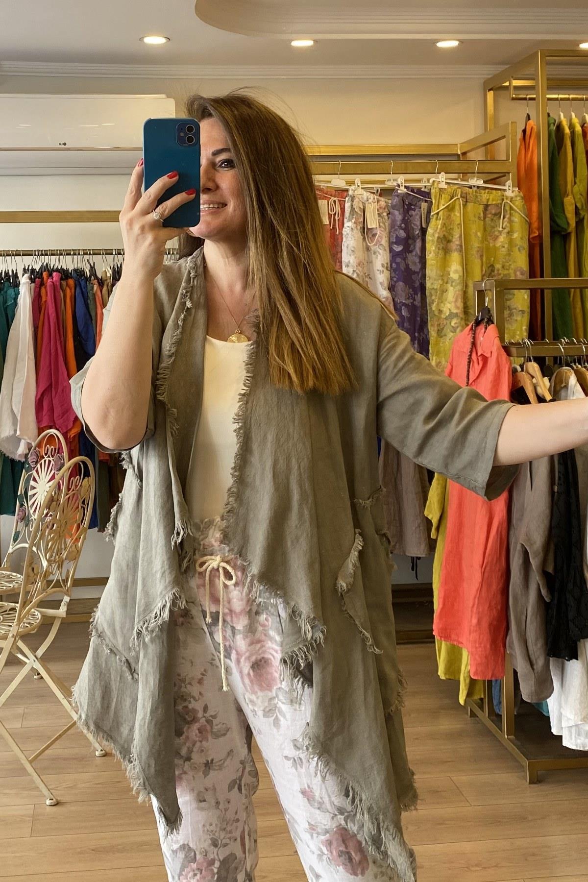 Püsküllü Keten Ceket Taş Rengi