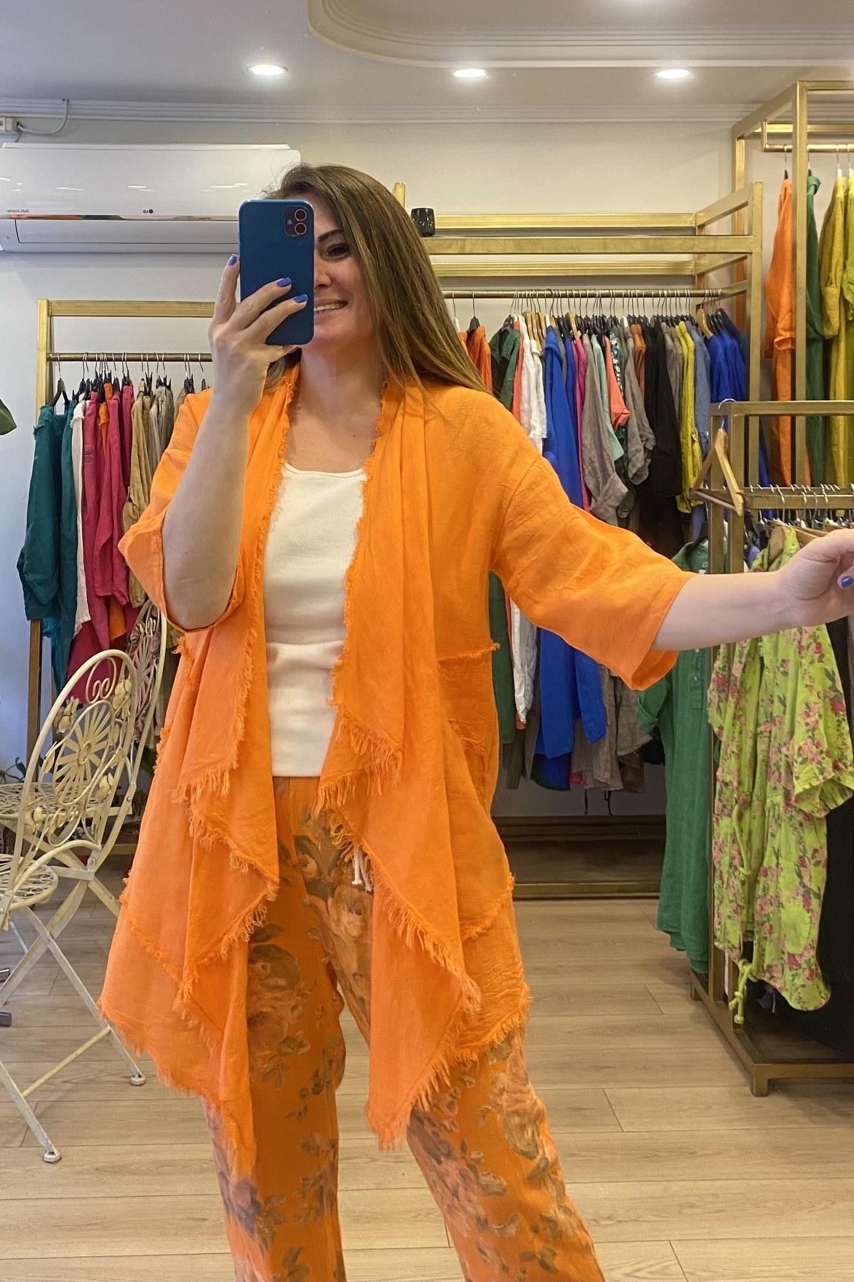 Püsküllü Keten Ceket Turuncu