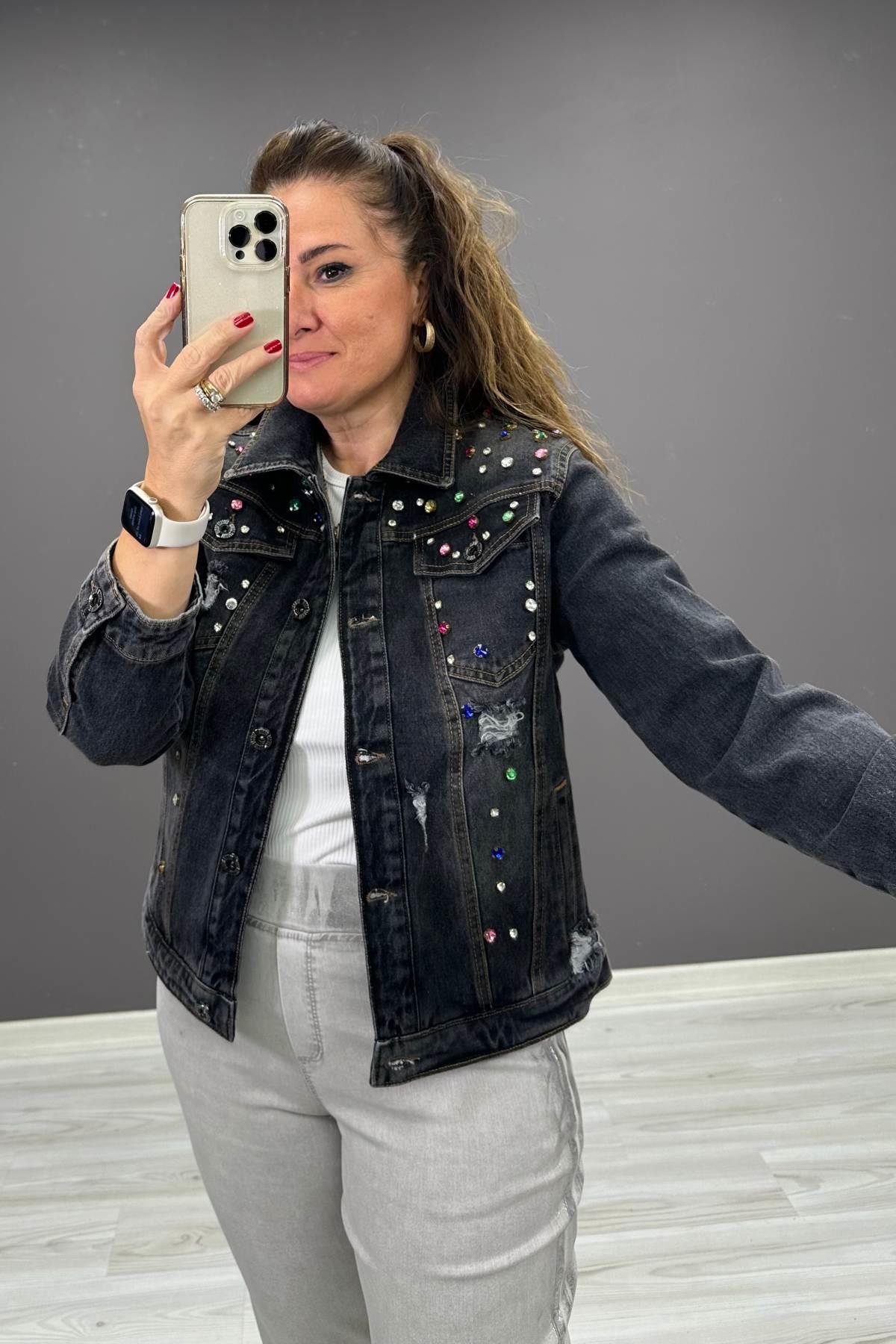 Renkli Taş Detaylı Kot Ceket Siyah