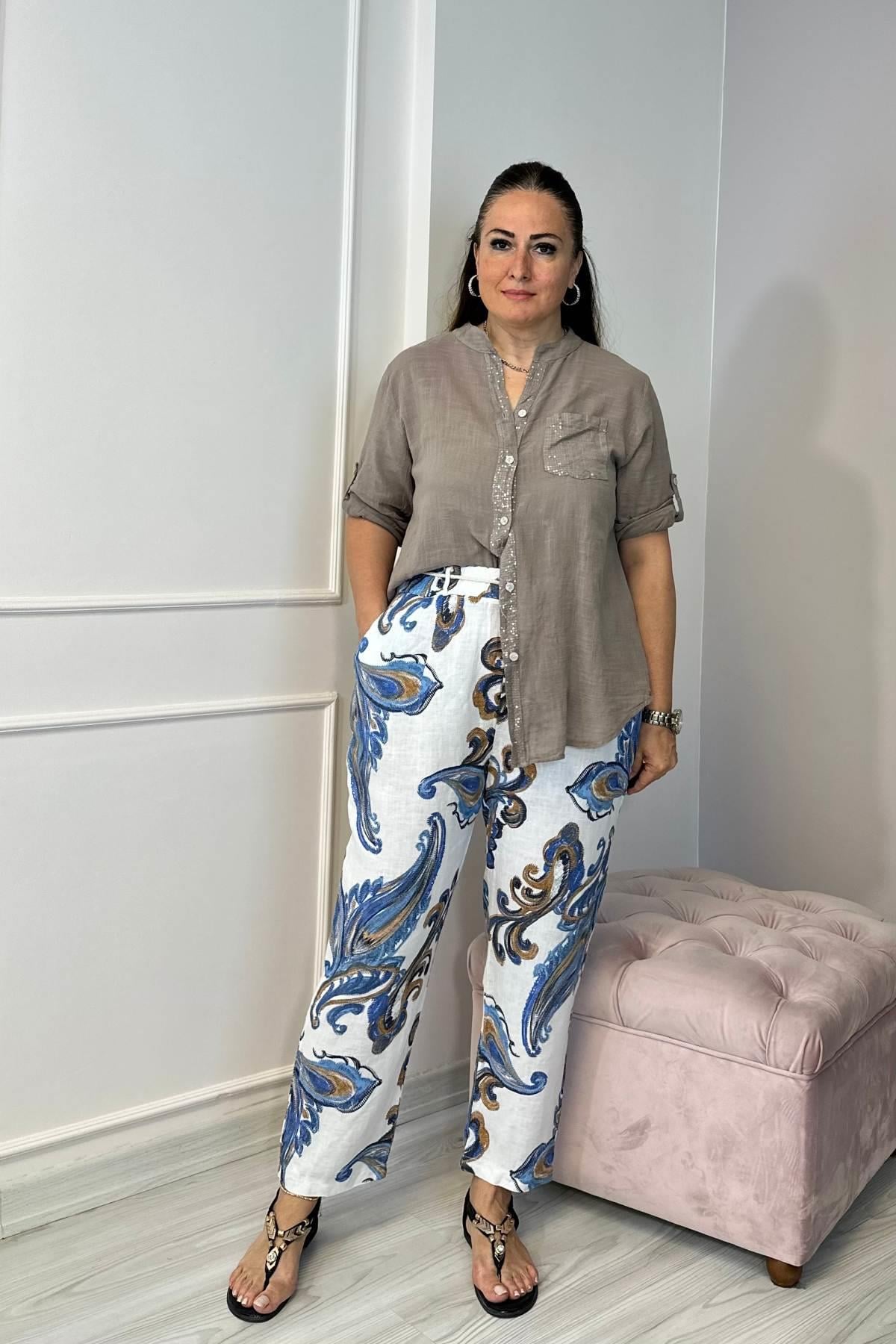 Şal Desenli Beli Lastikli Keten Pantolon Beyaz