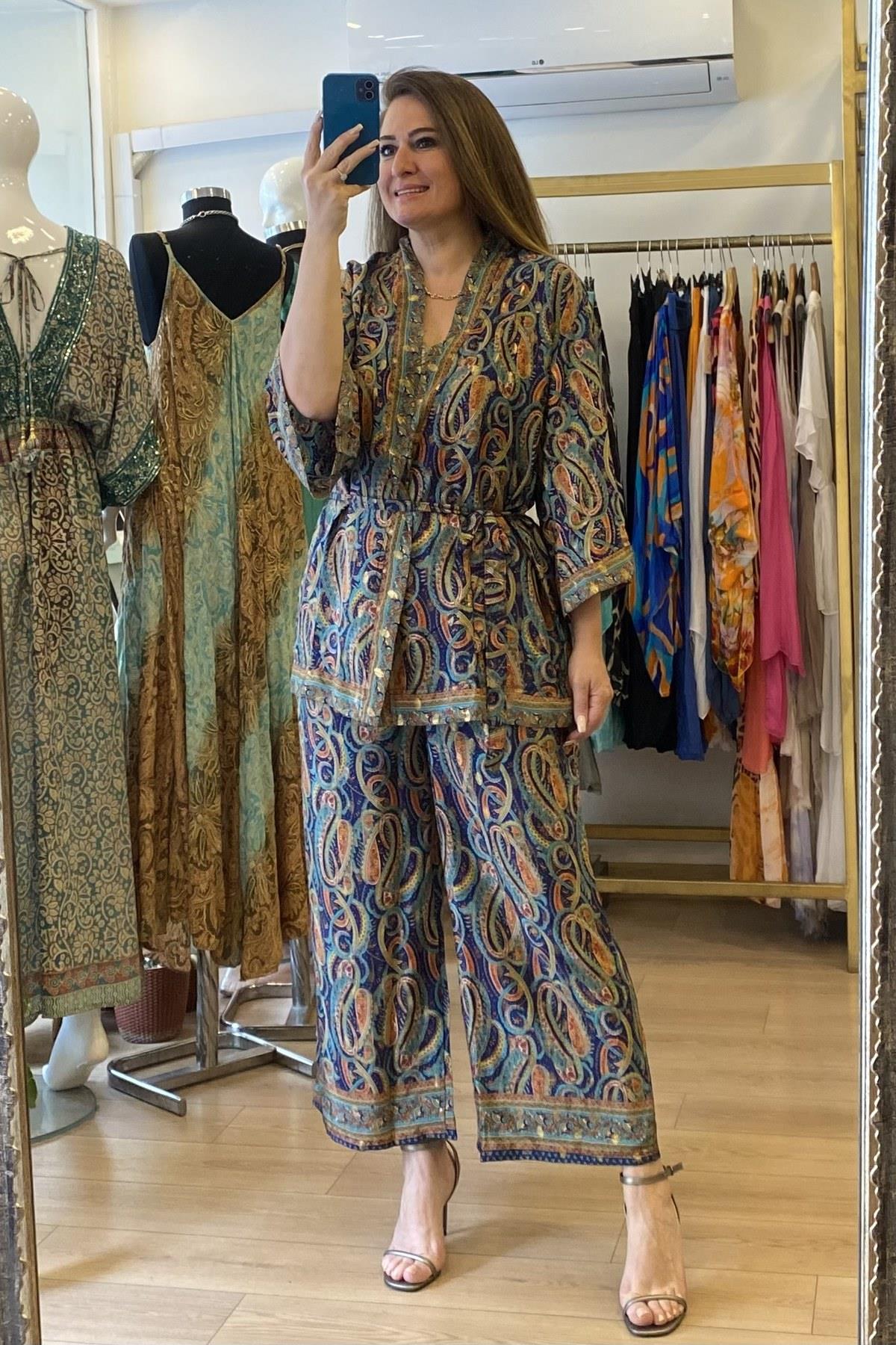 Şal Desenli Kimono Takım Lacivert