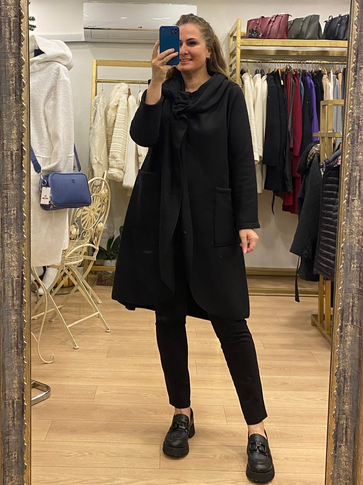 Şal Yaka Polar Ceket Siyah