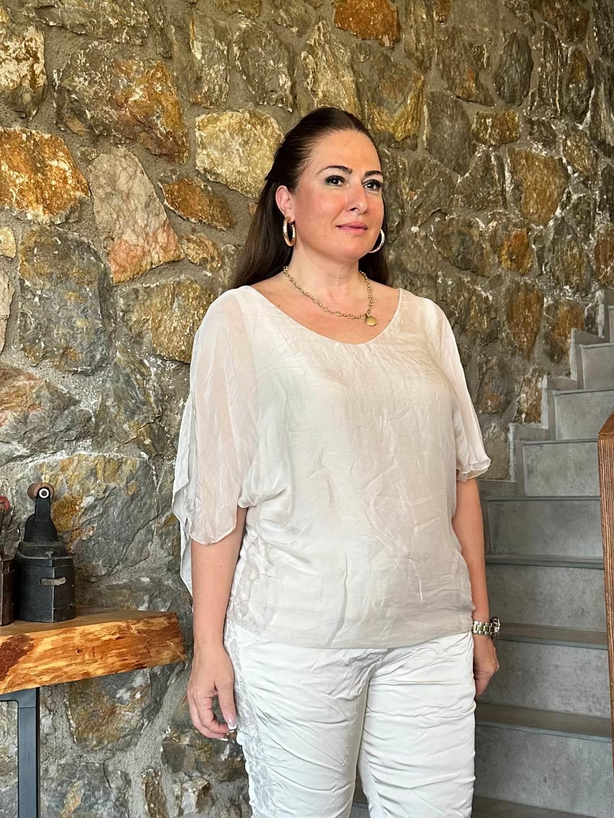 Sırt Dantel Detaylı İpek Bluz Bej
