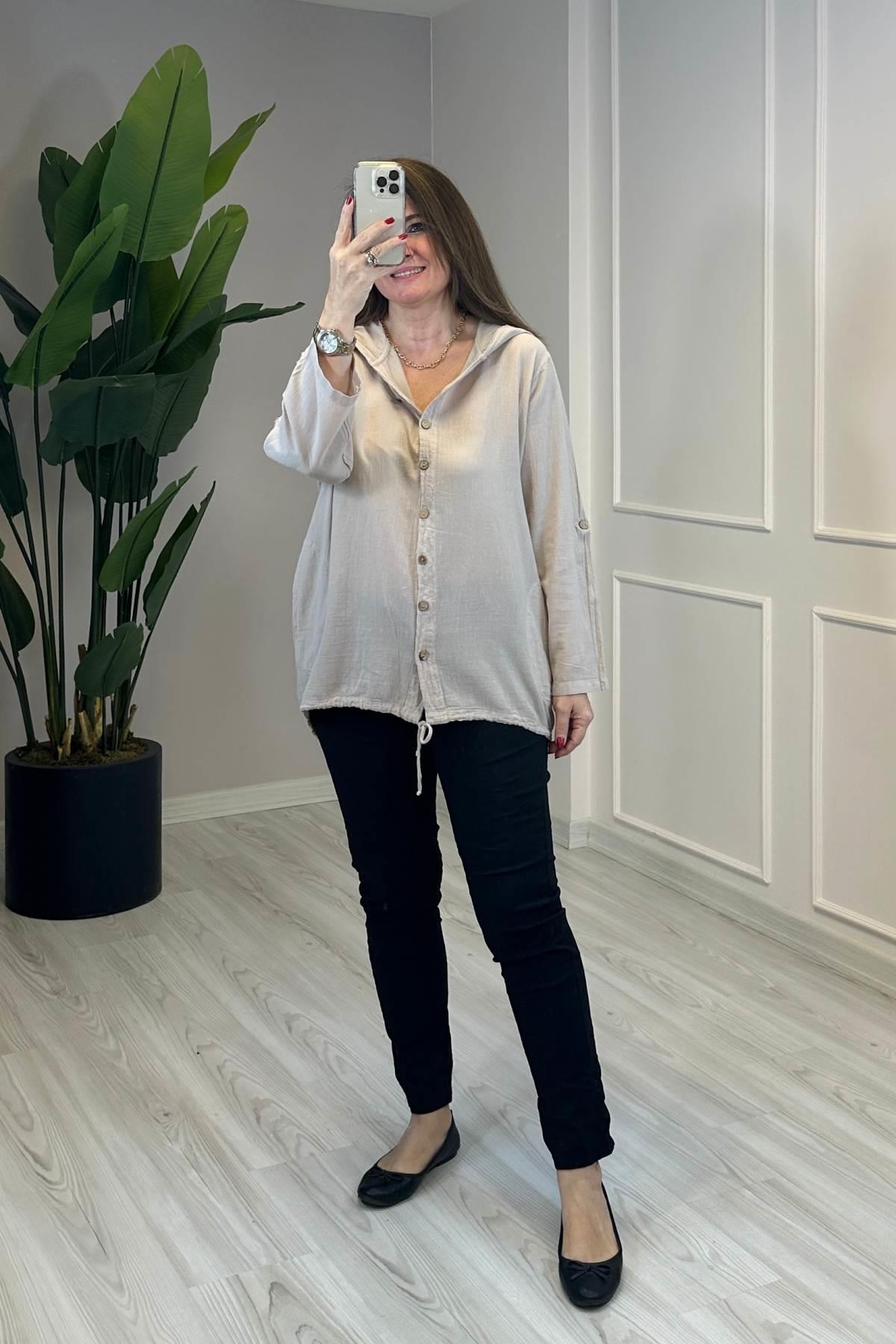 Sırt Dantel Detaylı Kapüşonlu Ceket Bej