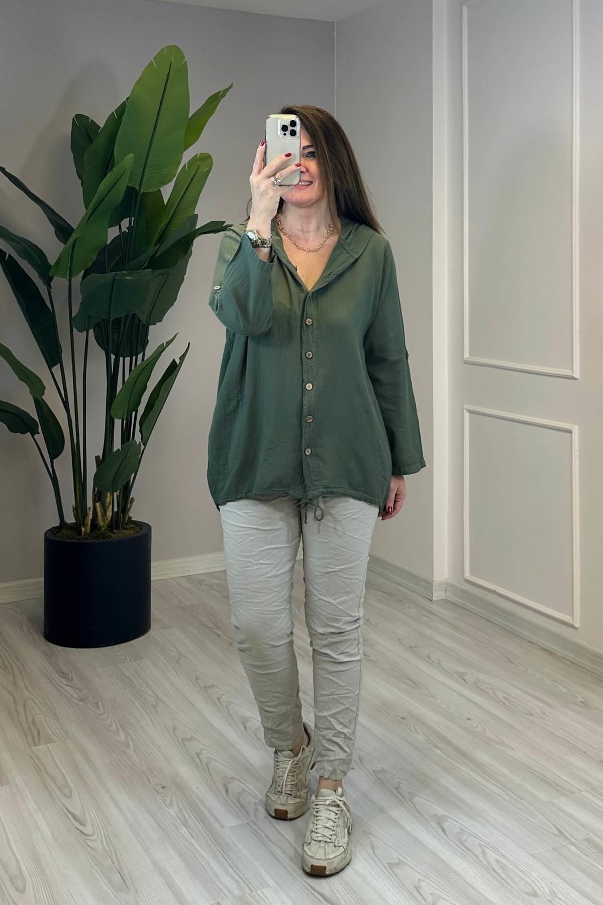 Sırt Dantel Detaylı Kapüşonlu Ceket Yeşil