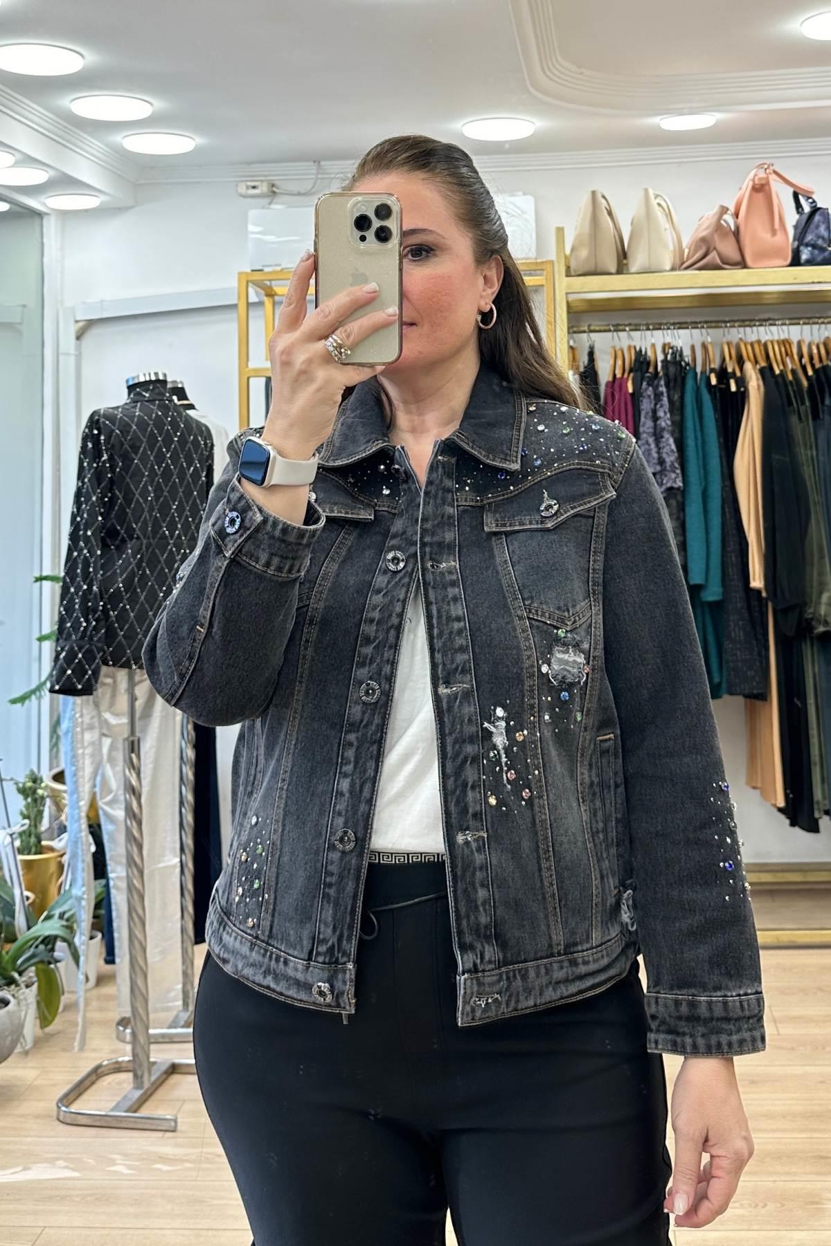 Taş Detaylı Kot Ceket Siyah