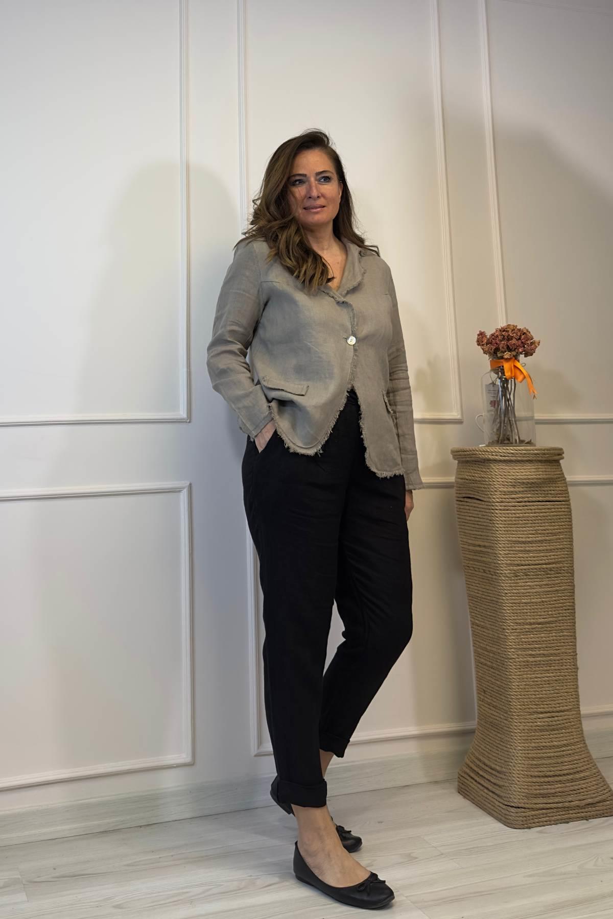 Tek Düğmeli Keten Ceket Kahve