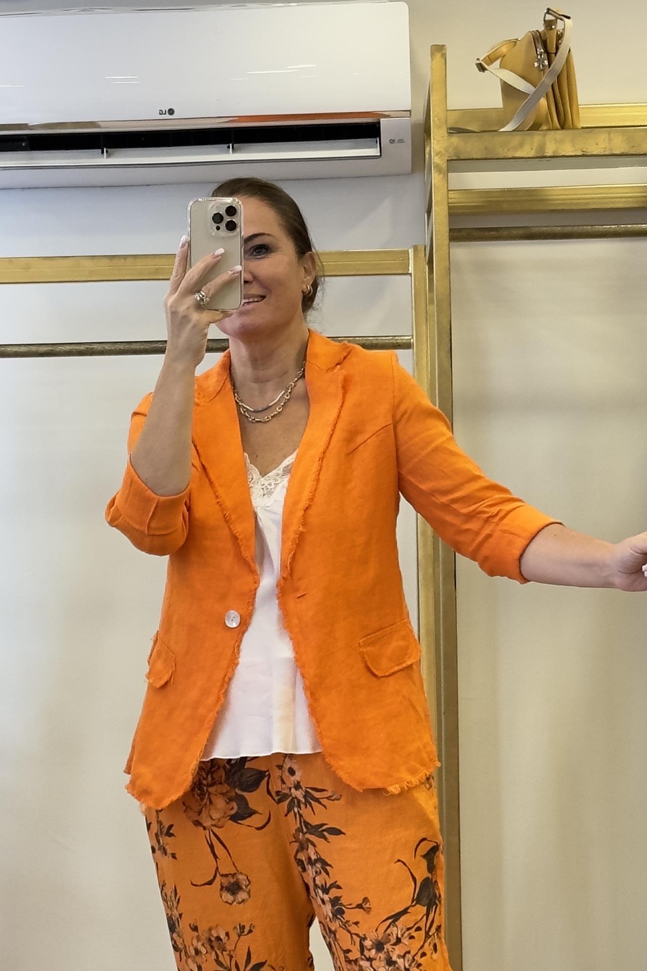 Tek Düğmeli Keten Ceket Turuncu