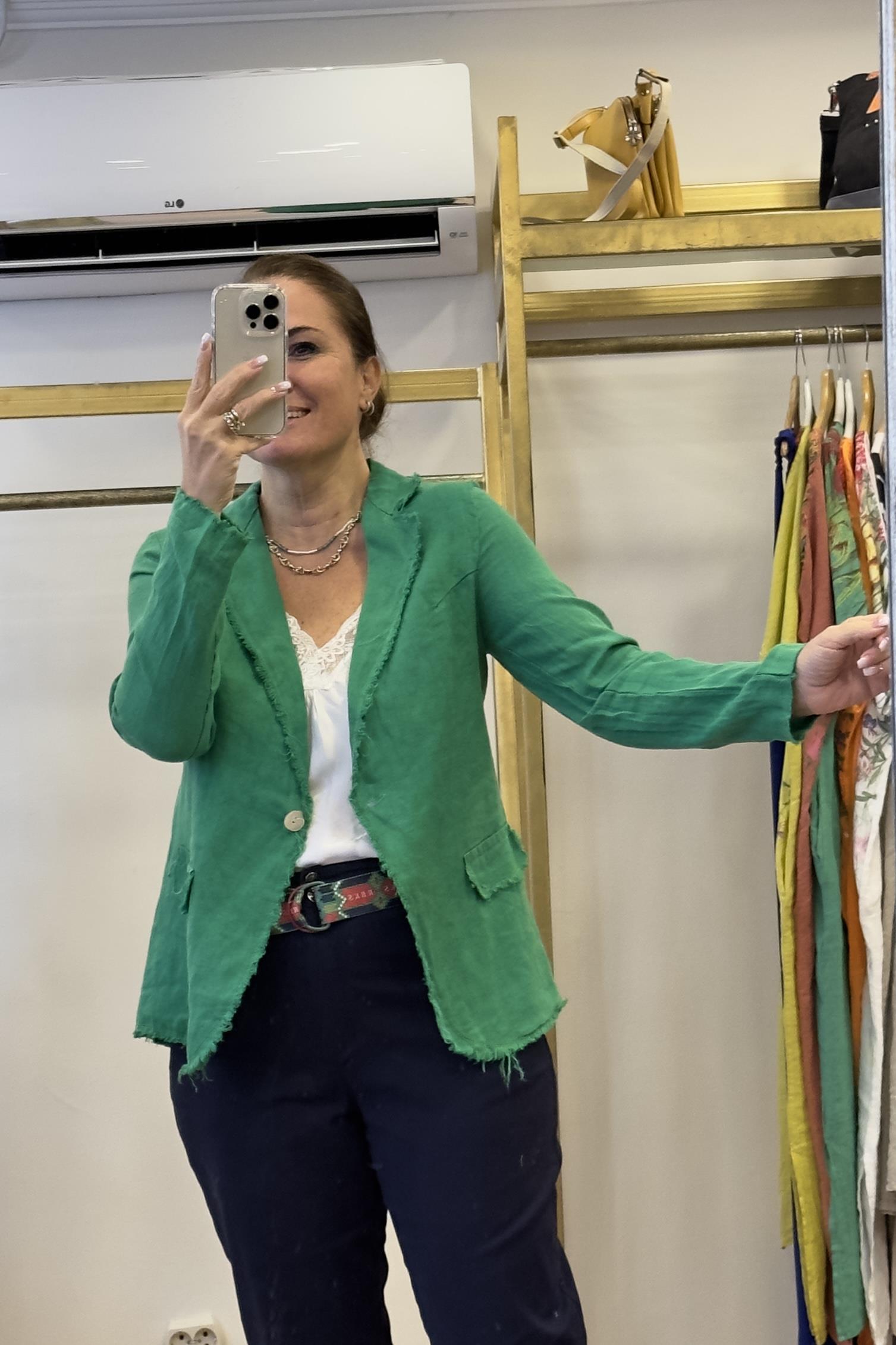 Tek Düğmeli Keten Ceket Yeşil