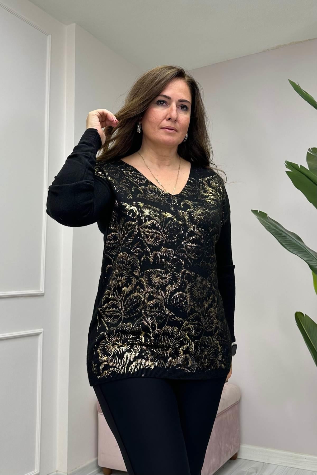 V Yakalı Ön Varak İşlemeli Baskı Desenli Triko Bluz Siyah