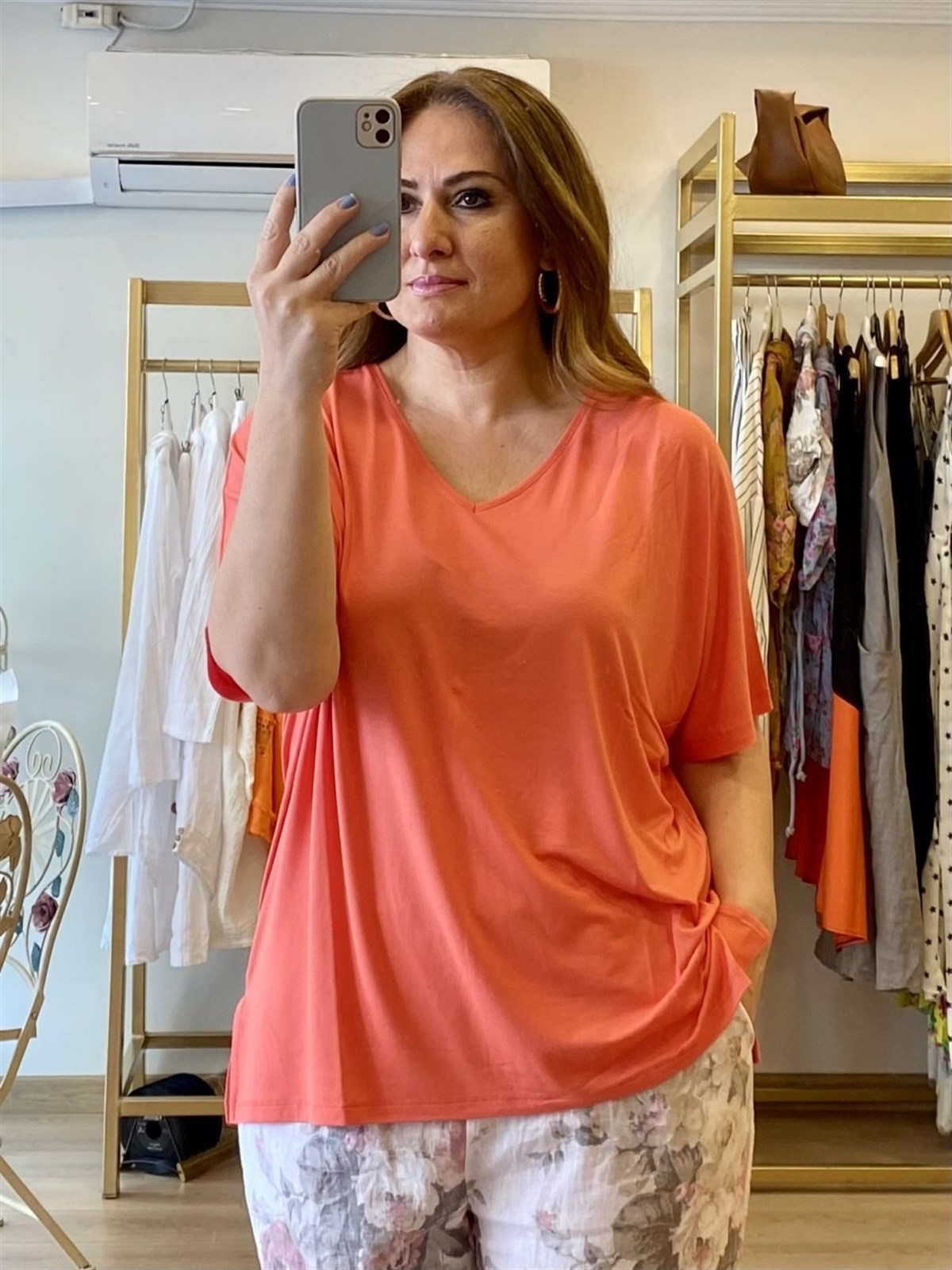 V Yakalı Viscon Penye Oversize Bluz Pembe