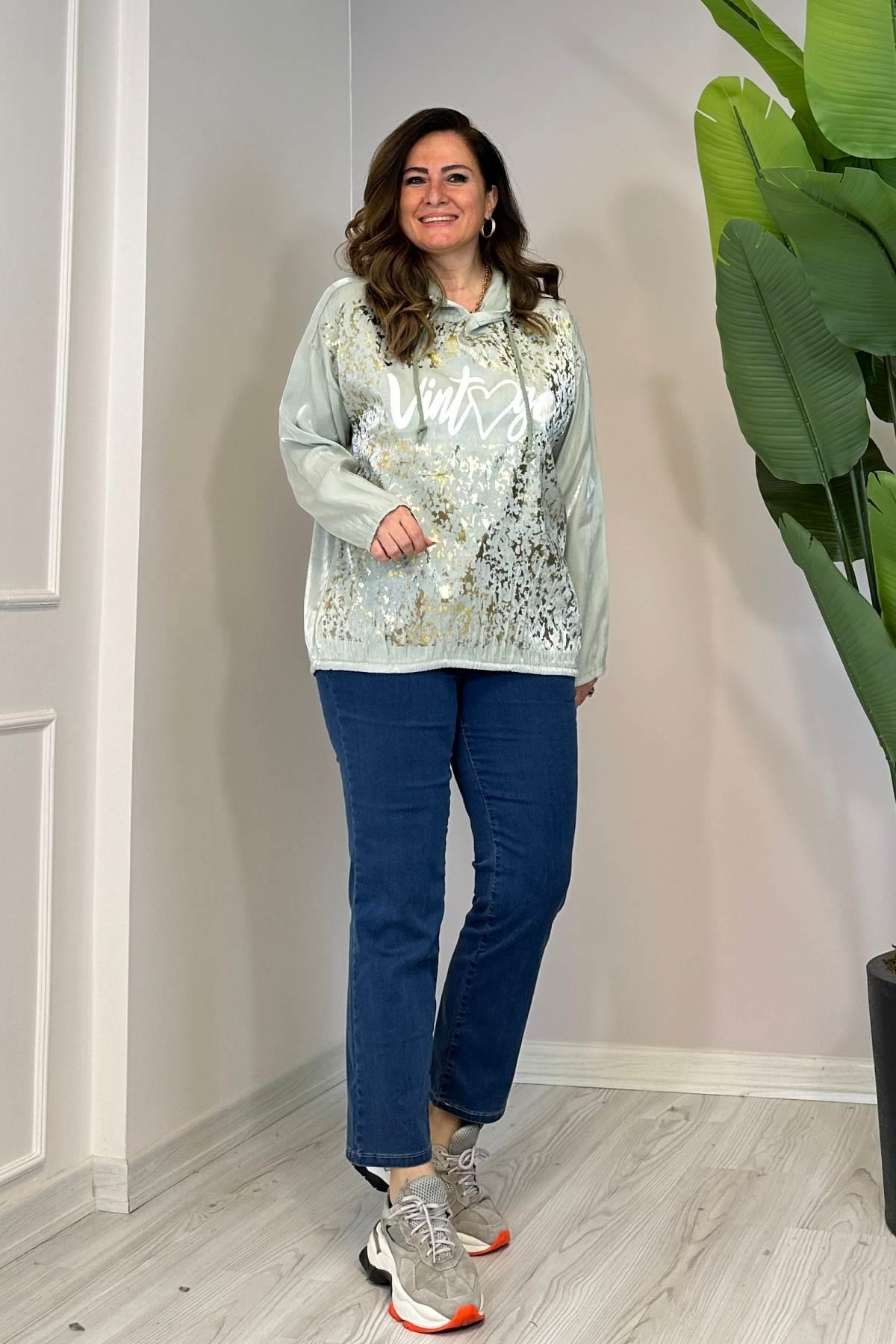 Vintage Yazı Detaylı Varaklı Tunik Bluz Mint