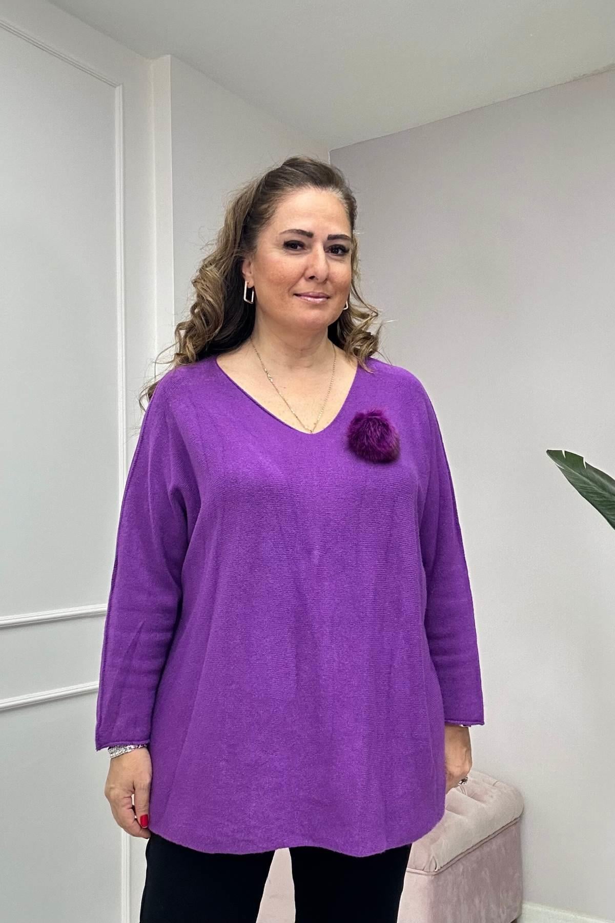 Yaka Ponpon Detaylı V Yaka Angora Triko Mor