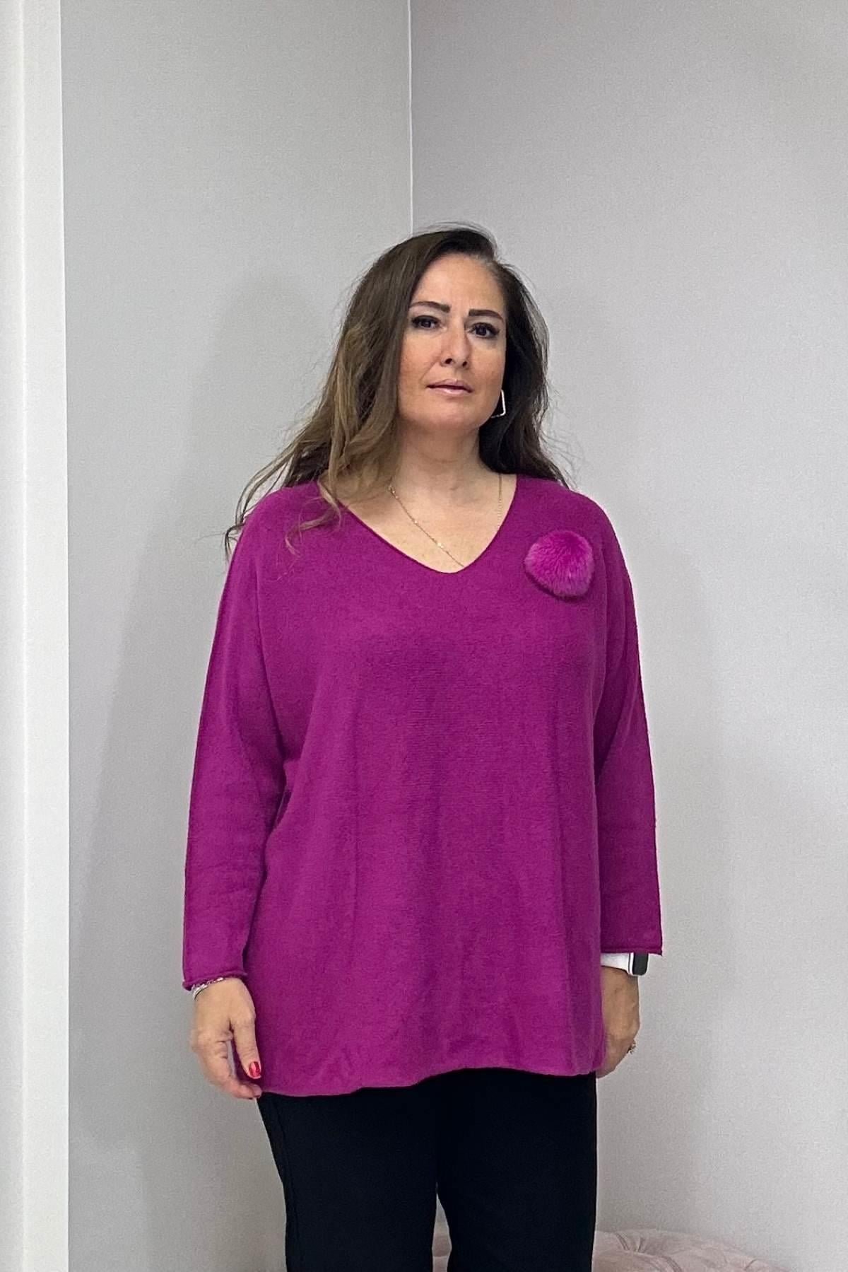 Yaka Ponpon Detaylı V Yaka Angora Triko Fuşya Pembe