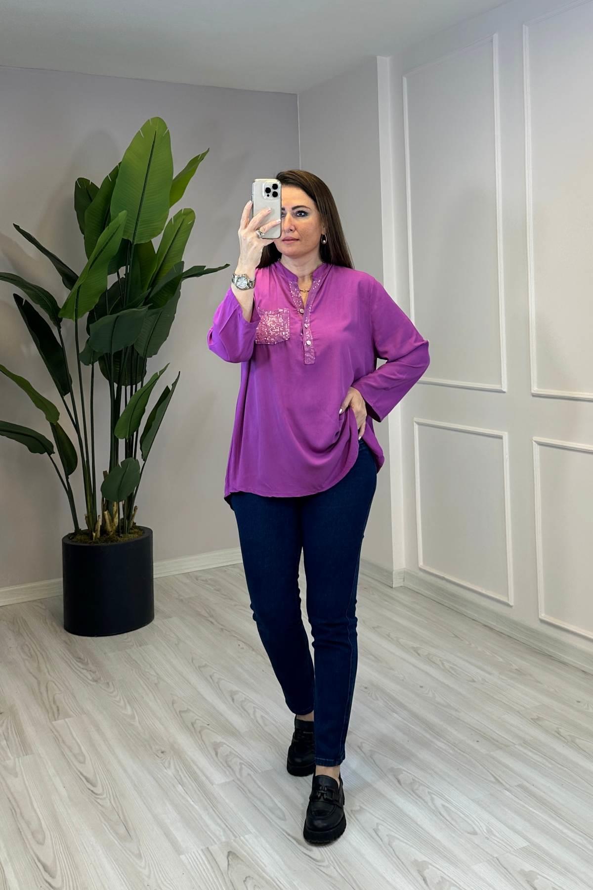 Yaka Ve Cep Pul İşleme Detaylı Gömlek Pembe