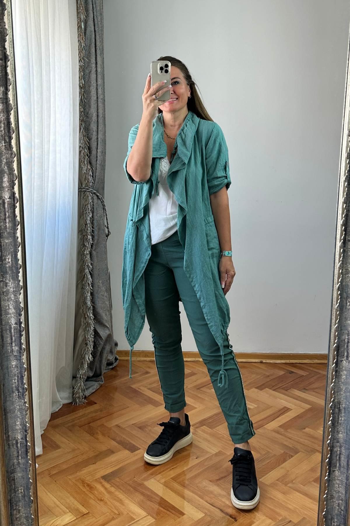 Yaka Ve Etek Ucu İp Büzgü Detaylı Arka Desenli Keten Ceket Yeşil