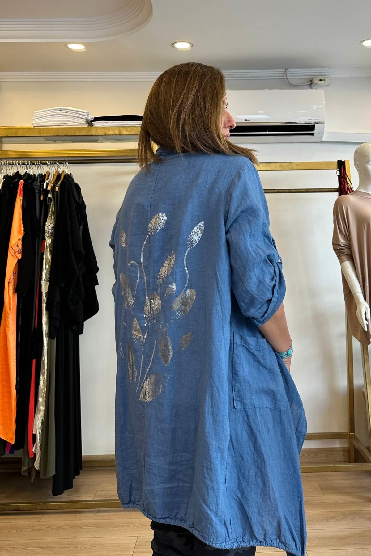 Yaka Ve Etek Ucu İp Büzgü Detaylı Arka Desenli Keten Ceket İndigo Mavi