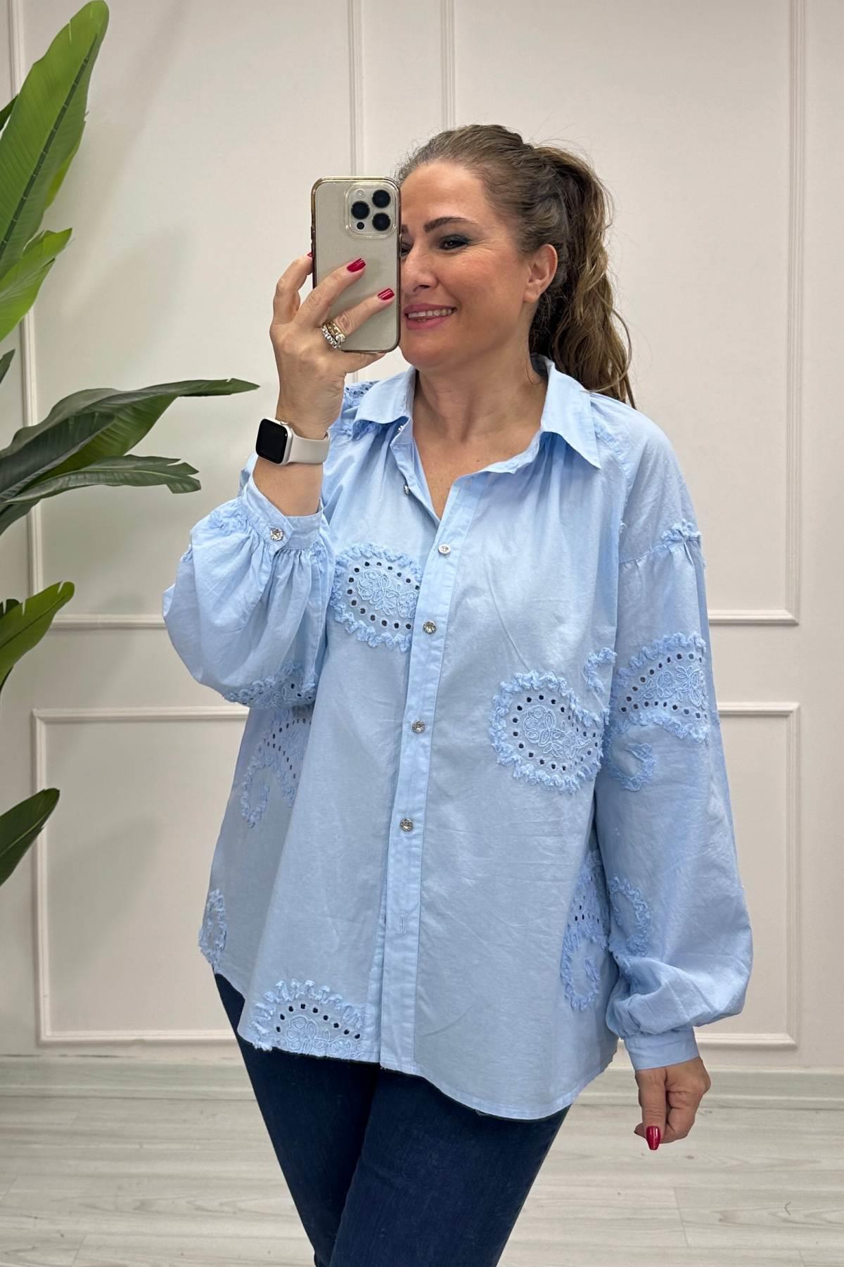 Yakalı Nakışlı Gömlek Bebek Mavisi
