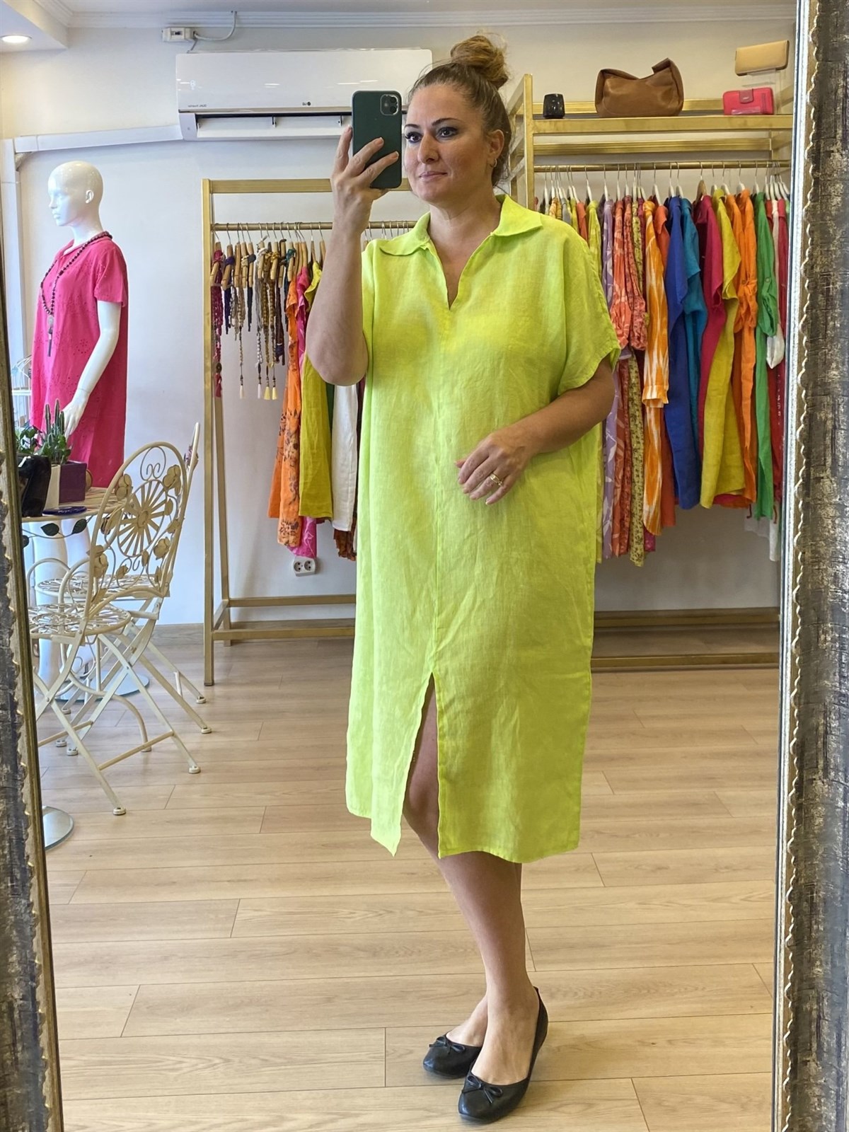 Yakalı Önden Yırtmaçlı Keten Elbise Neon Yeşil