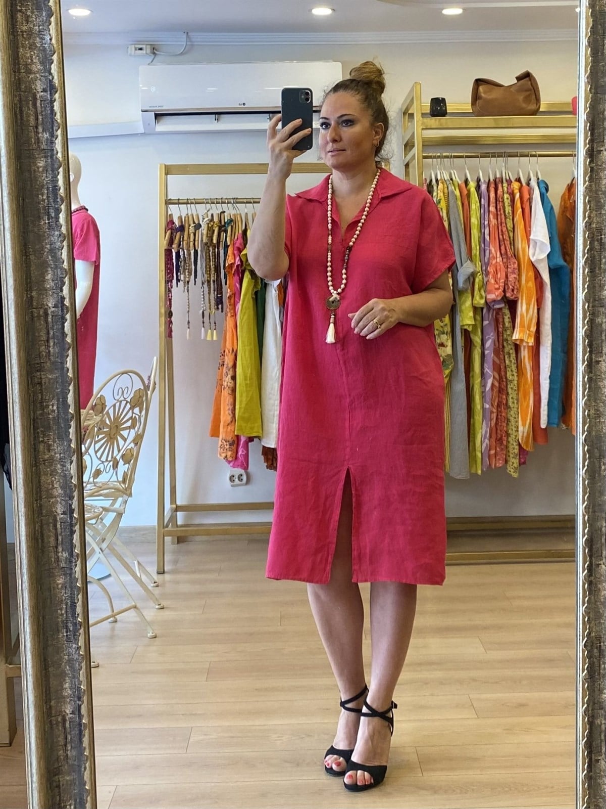 Yakalı Önden Yırtmaçlı Keten Elbise Pembe