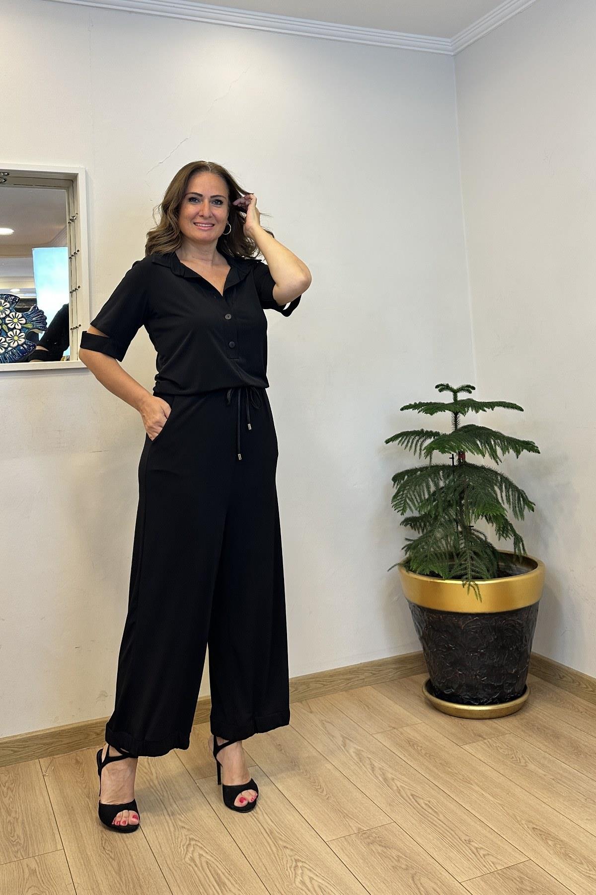 Yakalı Yarım Düğmeli Tulum Siyah