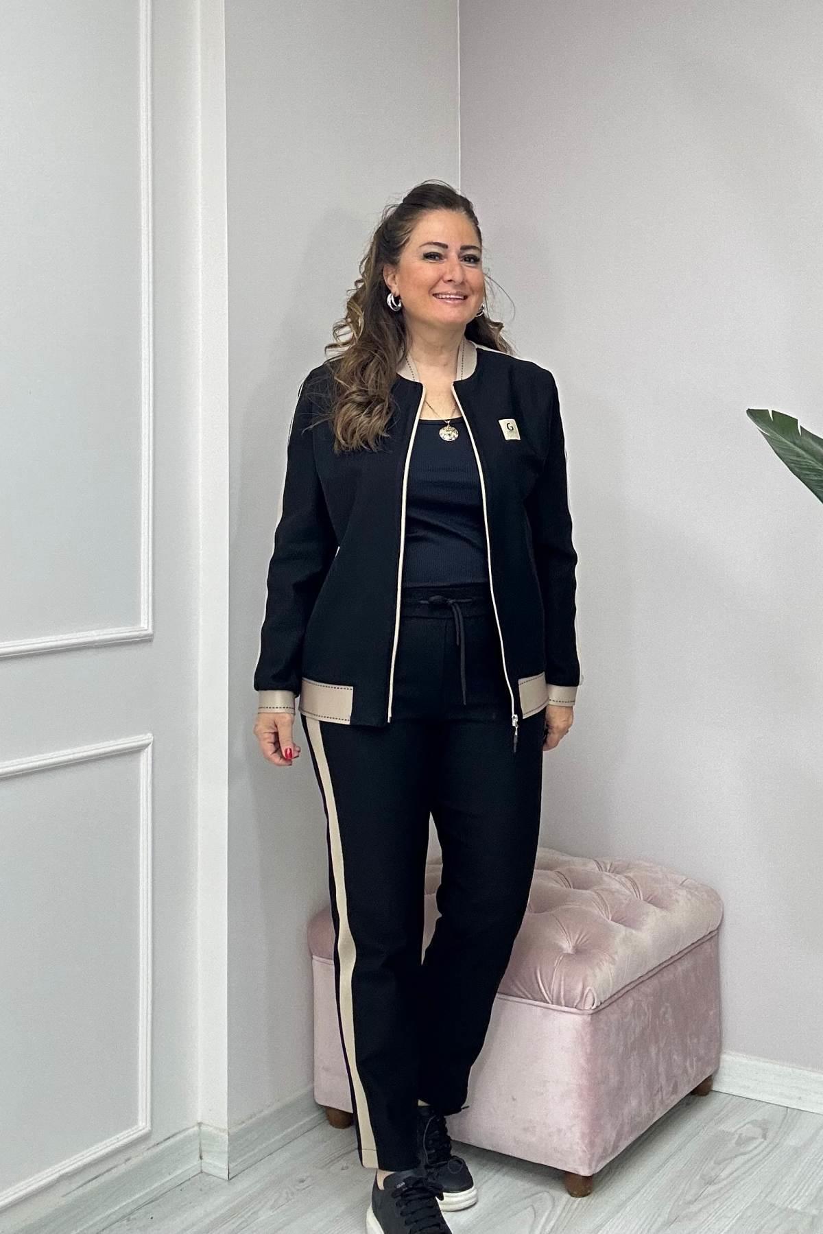 Yan Bej Şerit Detaylı Takım Siyah