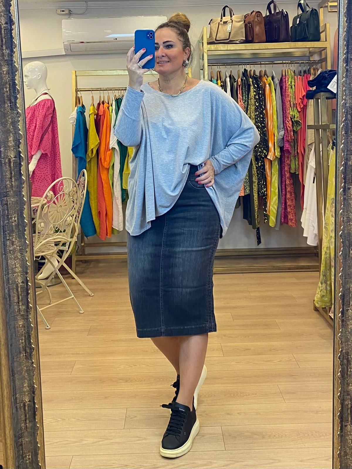 Yan Dikiş Detaylı Kot Etek Füme