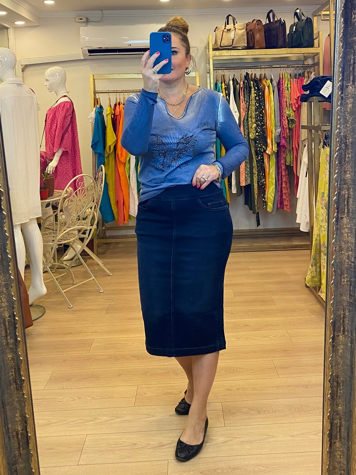 Yan Dikiş Detaylı Kot Etek Lacivert