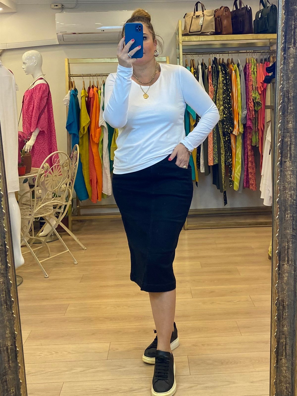 yan dikiş detaylı kot etek siyah