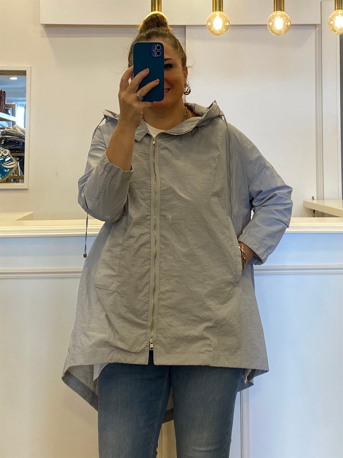 Yan Fermuar Detaylı Trençkot Gri