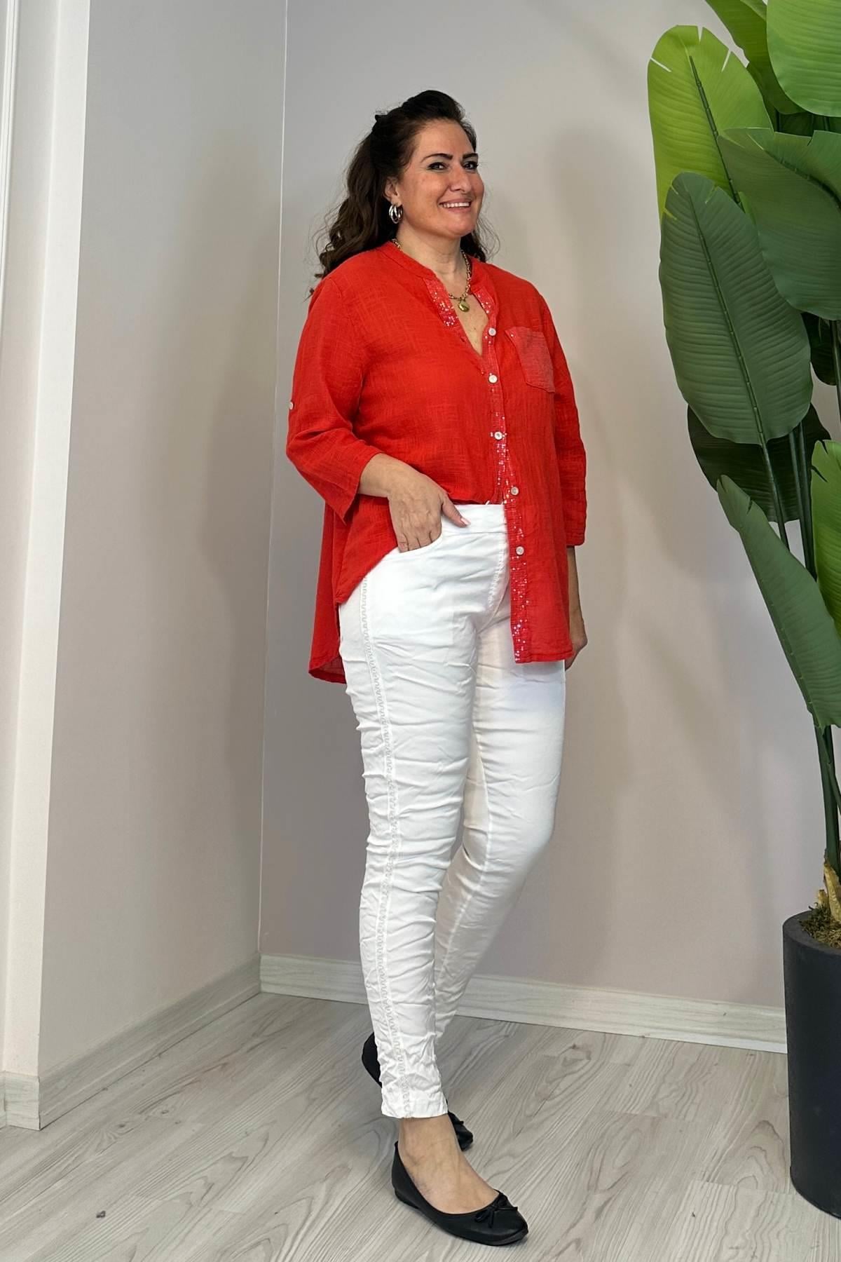 Yan Şerit Halat Detaylı Full Likralı İthal Pantolon Beyaz