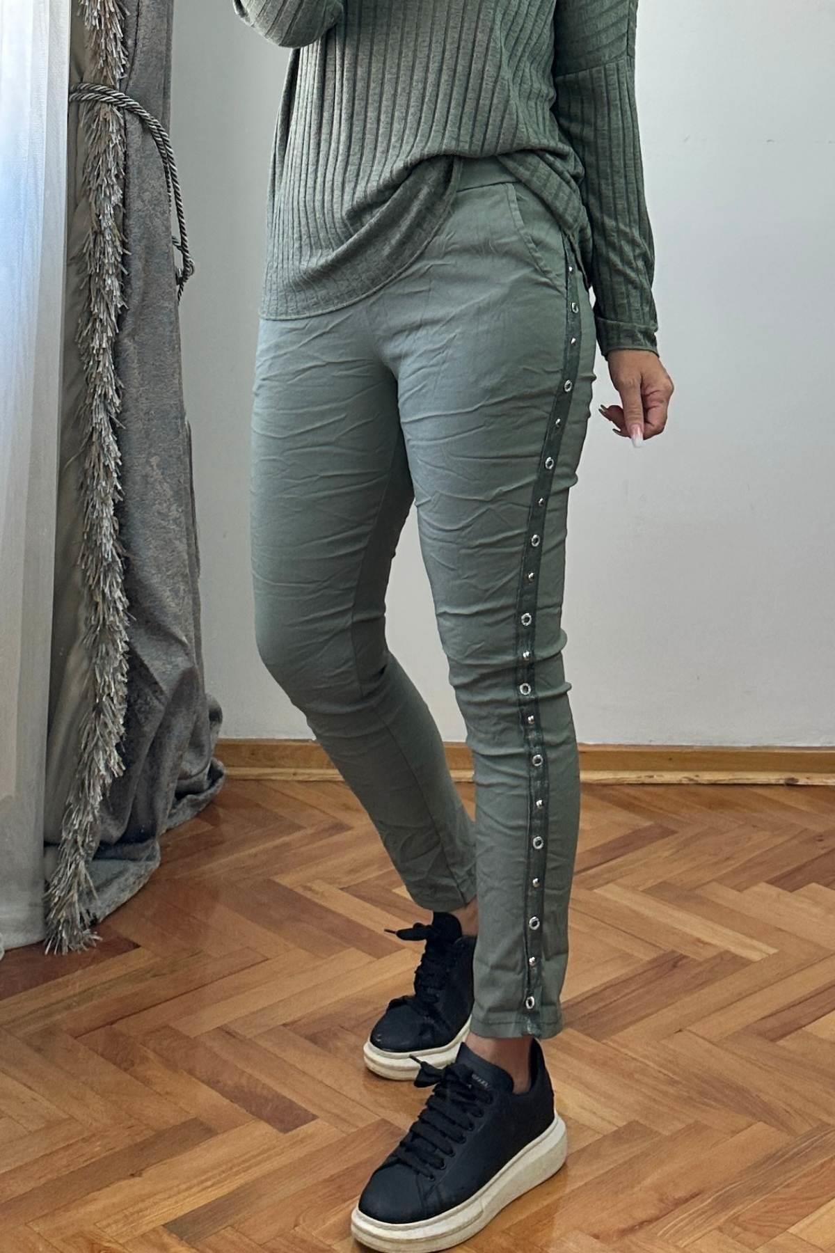Yan Zımbalı Ve Sim Şerit Detaylı Pantolon Haki Yeşil