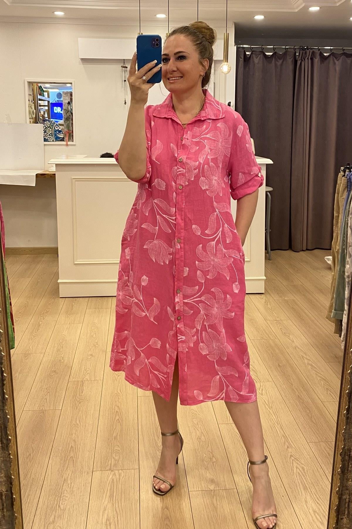 Yaprak Ve Çiçek Desenli Önden Düğmeli Keten Elbise Pembe