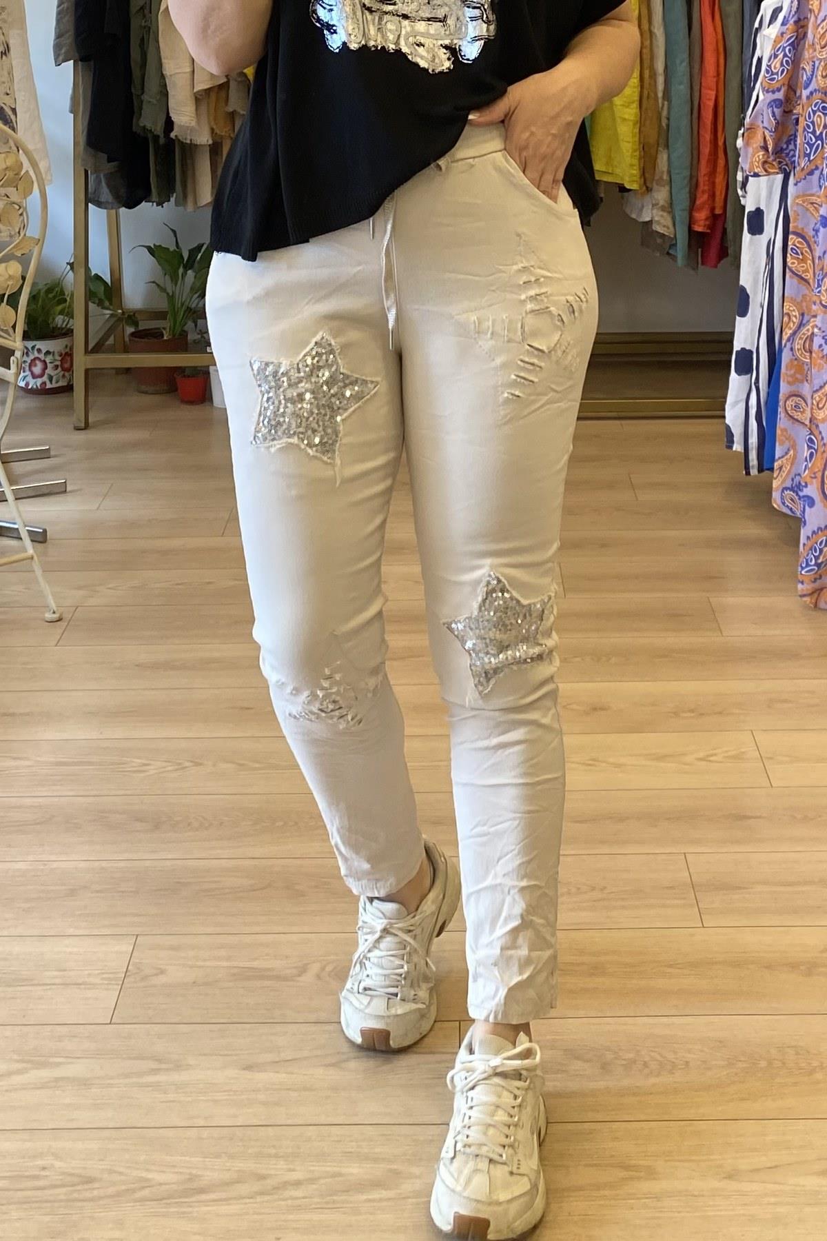 Yıldız Detaylı Pul İşlemeli Full Likralı Pantolon Bej