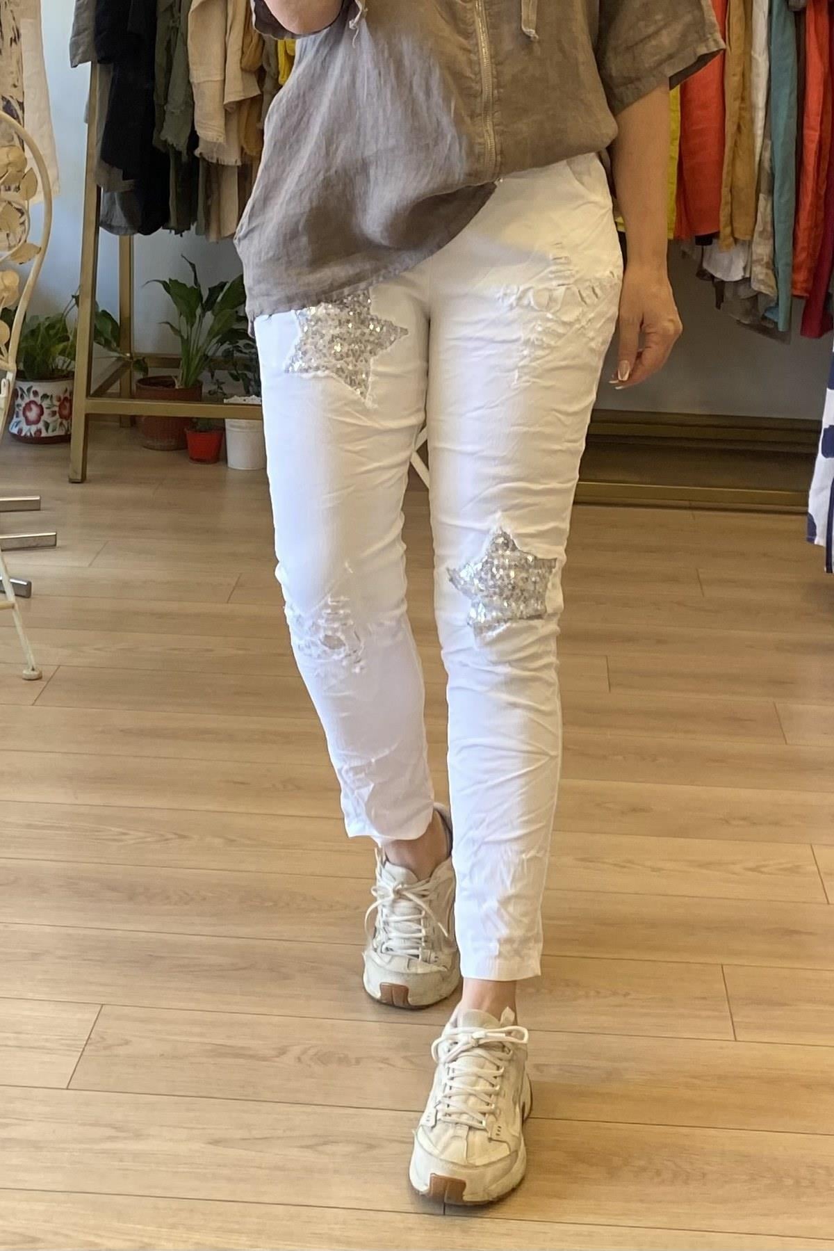Yıldız Detaylı Pul İşlemeli Full Likralı Pantolon Beyaz