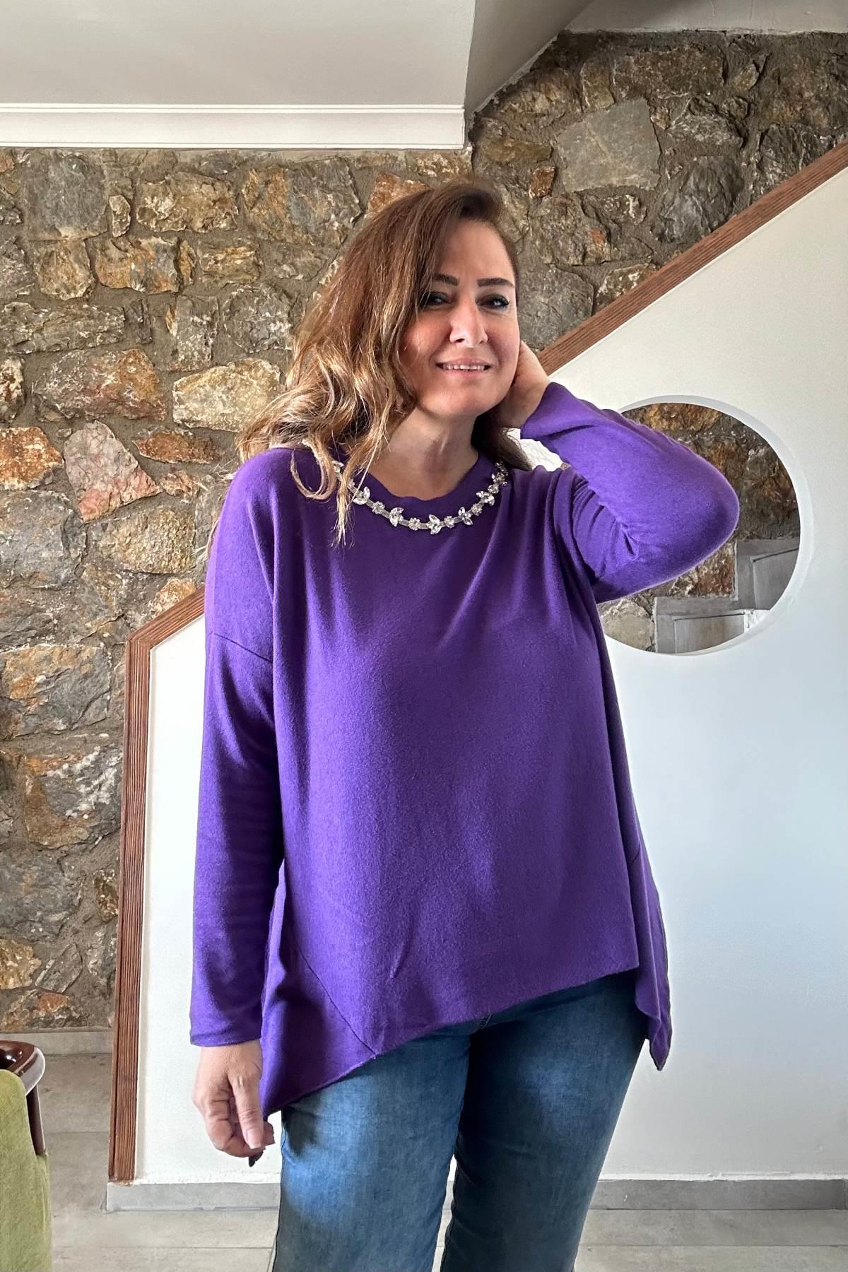 Yuvarlak Yakalı Taş İşleme Detaylı Triko Bluz Mor