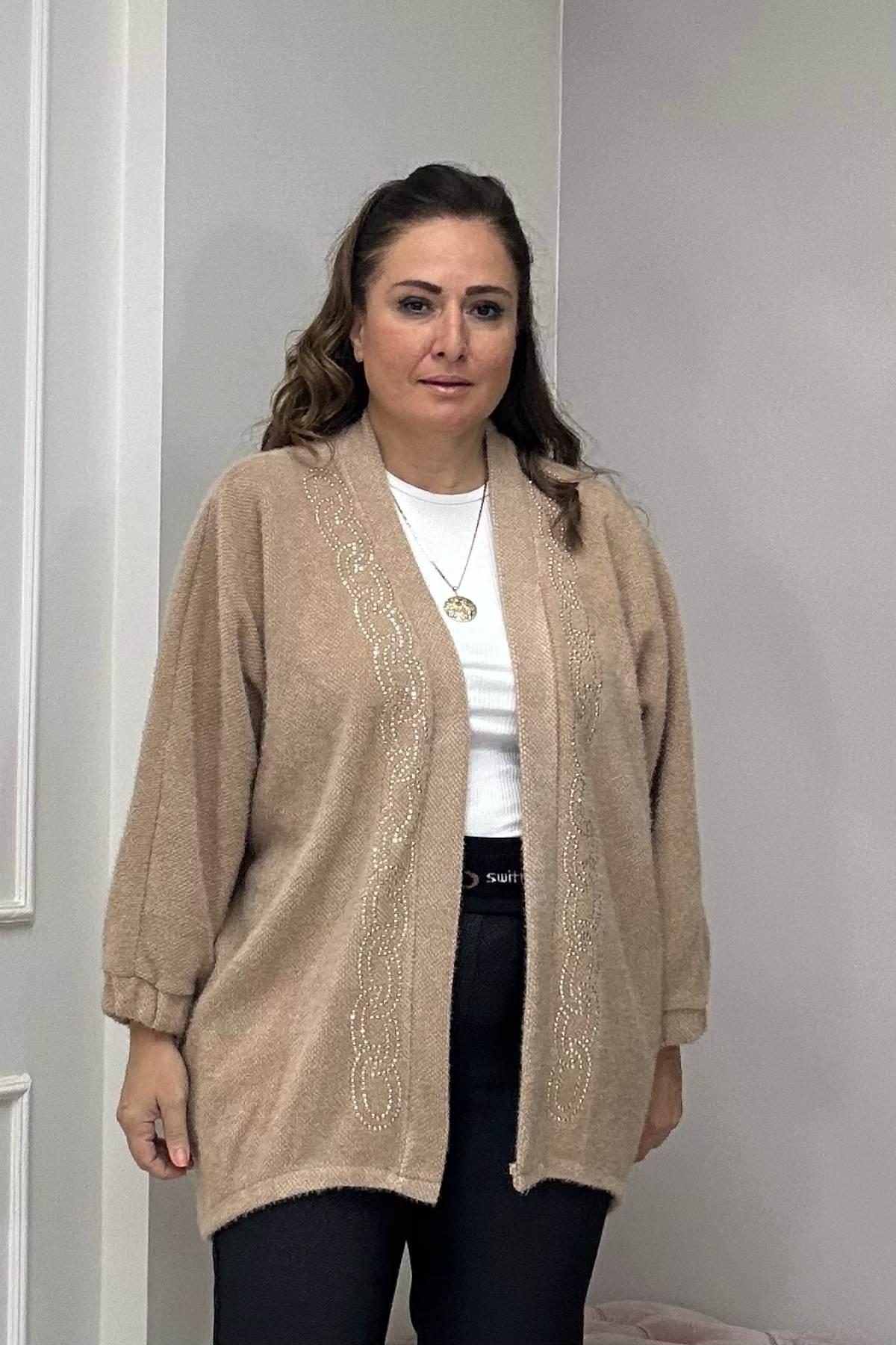 Zincir Desen Taş Detaylı Hırka-Bej