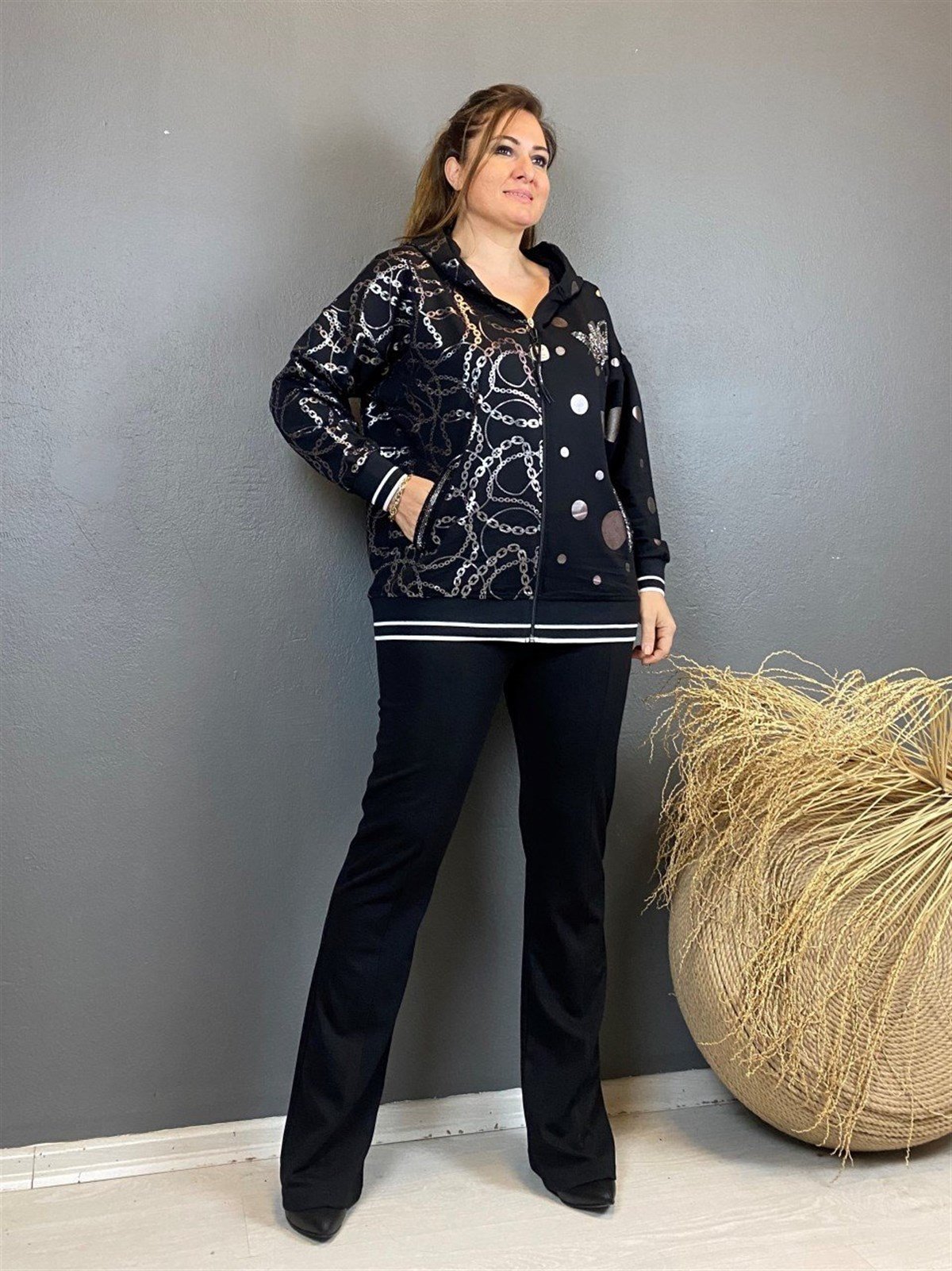 Zincir Desenli Kapüşonlu Ceket