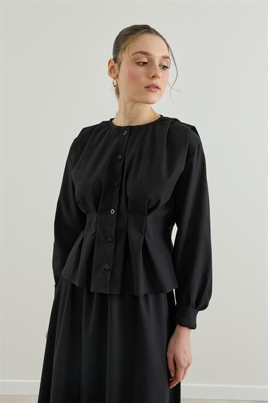 Pileli Kemerli Gömlek Etek Takım Siyah