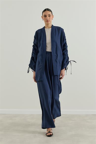 Outlet Kolu Büzgülü Modal Kimono Takım Lacivert