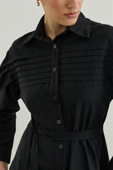 Nervür Detaylı Gömlek Elbise Siyah