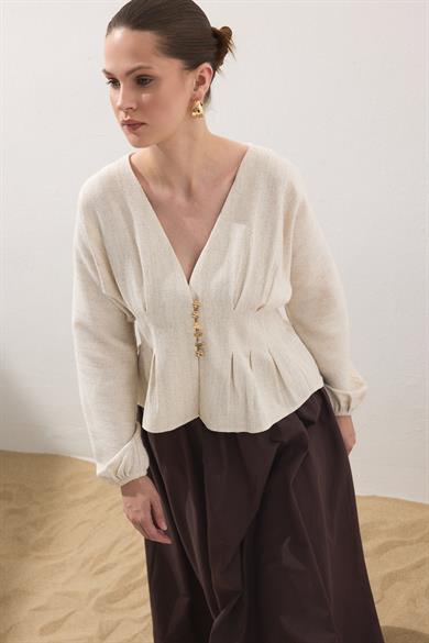 Pile Detaylı Keten Bluz