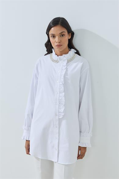 Su Yolu Taş Detaylı Poplin Gömlek Beyaz