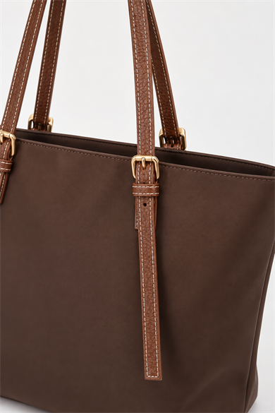 İnce Askılı Deri Detaylı Shopper Çanta