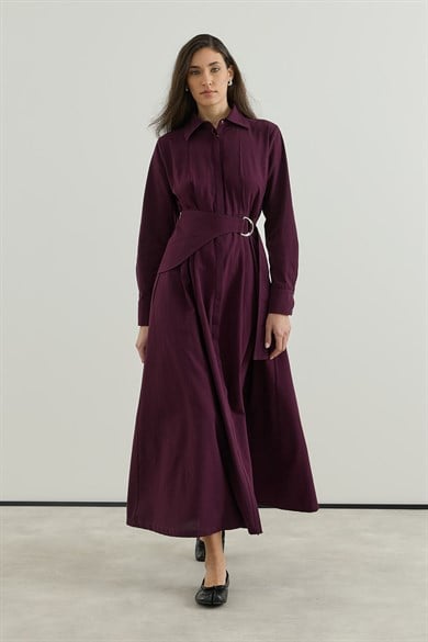 D tokalı Büyük Kemerli Keten Elbise Bordo