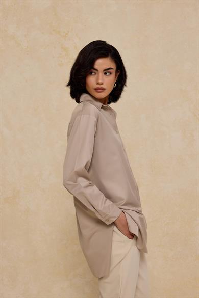 Boyun Bağlamalı Pamuk Saten Gömlek Gri