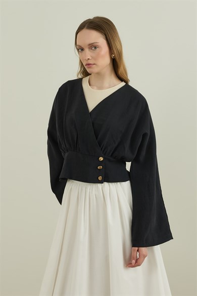 Düğme Detaylı Modal Kimono Bluz Siyah