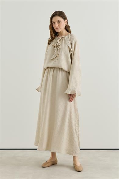 Volan Detaylı Bluz Etek Gofre Astarlı Takım Bej