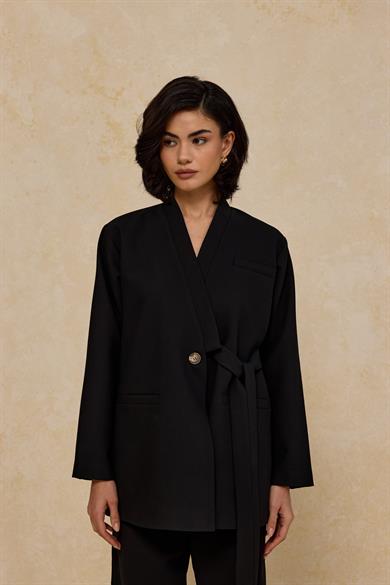 Tek Düğmeli Bağlamalı Astarlı Ceket Siyah