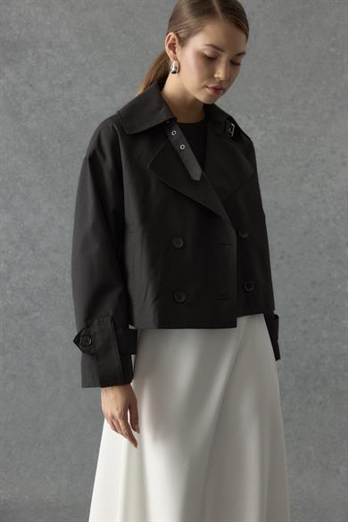 Yakası Kemerli Kısa Trenç Siyah